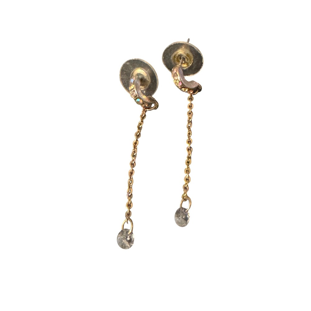 Gold Tone Celestial Crescent Moon Rhinestone Long Chain Crystal Drop Earrings